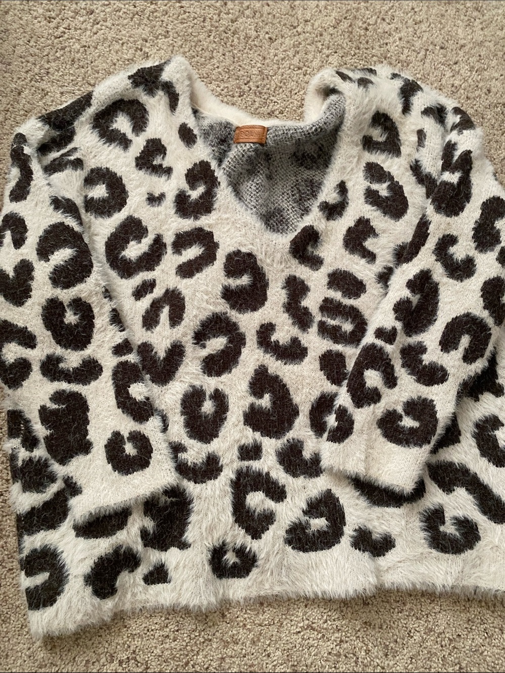 BOL Cream V-Neck Leopard-Print Sweater with Dark Brown Spots